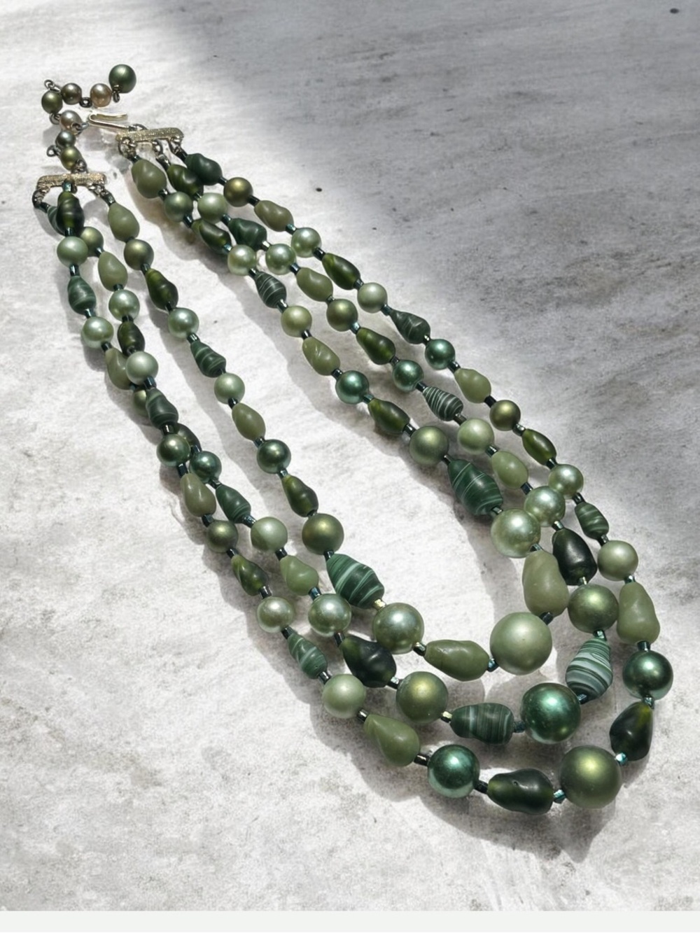 Vintage 1950’s Stamped Japan Multi-Strand Green Glass Beaded Statement Necklace